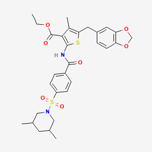 molecular formula C30H34N2O7S2 B2947405 Ethyl 5-(1,3-benzodioxol-5-ylmethyl)-2-[[4-(3,5-dimethylpiperidin-1-yl)sulfonylbenzoyl]amino]-4-methylthiophene-3-carboxylate CAS No. 476365-46-5