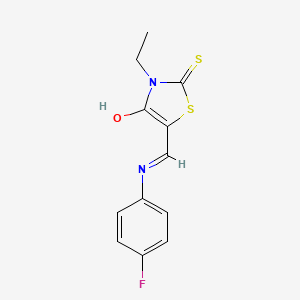molecular formula C12H11FN2OS2 B2947447 3-乙基-5-(((4-氟苯基)氨基)亚甲基)-2-硫代-1,3-噻唑烷-4-酮 CAS No. 1024772-96-0