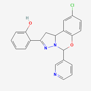 molecular formula C21H16ClN3O2 B2947466 2-(9-Chloro-5-pyridin-3-yl-1,10b-dihydropyrazolo[1,5-c][1,3]benzoxazin-2-yl)phenol CAS No. 896618-91-0
