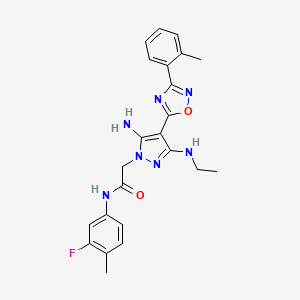 molecular formula C23H24FN7O2 B2947548 2-(5-amino-3-(ethylamino)-4-(3-(o-tolyl)-1,2,4-oxadiazol-5-yl)-1H-pyrazol-1-yl)-N-(3-fluoro-4-methylphenyl)acetamide CAS No. 1172292-20-4