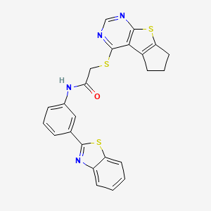 molecular formula C24H18N4OS3 B2947552 N-[3-(1,3-benzothiazol-2-yl)phenyl]-2-{7-thia-9,11-diazatricyclo[6.4.0.0^{2,6}]dodeca-1(12),2(6),8,10-tetraen-12-ylsulfanyl}acetamide CAS No. 727688-84-8