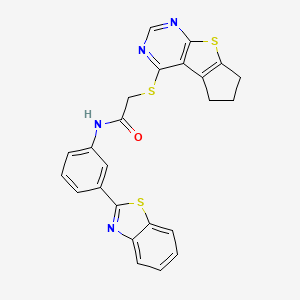 molecular formula C24H18N4OS3 B2947552 N-[3-(1,3-benzothiazol-2-yl)phenyl]-2-{7-thia-9,11-diazatricyclo[6.4.0.0^{2,6}]dodeca-1(8),2(6),9,11-tetraen-12-ylsulfanyl}acetamide CAS No. 727688-84-8