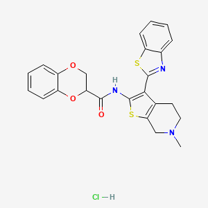 molecular formula C24H22ClN3O3S2 B2947748 N-(3-(benzo[d]thiazol-2-yl)-6-methyl-4,5,6,7-tetrahydrothieno[2,3-c]pyridin-2-yl)-2,3-dihydrobenzo[b][1,4]dioxine-2-carboxamide hydrochloride CAS No. 1329971-94-9