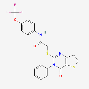 molecular formula C21H16F3N3O3S2 B2947845 2-((4-oxo-3-phenyl-3,4,6,7-tetrahydrothieno[3,2-d]pyrimidin-2-yl)thio)-N-(4-(trifluoromethoxy)phenyl)acetamide CAS No. 686770-55-8