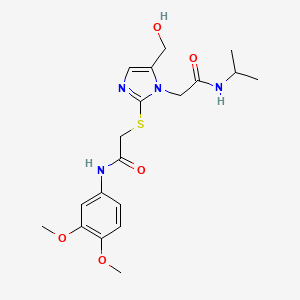 molecular formula C19H26N4O5S B2947901 N-(3,4-dimethoxyphenyl)-2-((5-(hydroxymethyl)-1-(2-(isopropylamino)-2-oxoethyl)-1H-imidazol-2-yl)thio)acetamide CAS No. 921867-04-1
