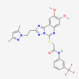 molecular formula C27H26F3N7O3S B2947908 2-((2-(2-(3,5-dimethyl-1H-pyrazol-1-yl)ethyl)-8,9-dimethoxy-[1,2,4]triazolo[1,5-c]quinazolin-5-yl)thio)-N-(3-(trifluoromethyl)phenyl)acetamide CAS No. 1020048-05-8