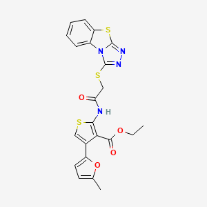 molecular formula C22H18N4O4S3 B2947928 Ethyl 4-(5-methylfuran-2-yl)-2-[[2-([1,2,4]triazolo[3,4-b][1,3]benzothiazol-1-ylsulfanyl)acetyl]amino]thiophene-3-carboxylate CAS No. 379699-08-8