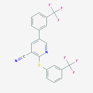 molecular formula C20H10F6N2S B2947942 5-[3-(Trifluoromethyl)phenyl]-2-{[3-(trifluoromethyl)phenyl]sulfanyl}nicotinonitrile CAS No. 338964-89-9