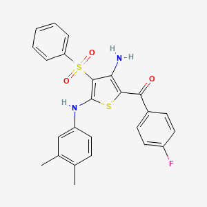 molecular formula C25H21FN2O3S2 B2948148 (3-Amino-5-((3,4-dimethylphenyl)amino)-4-(phenylsulfonyl)thiophen-2-yl)(4-fluorophenyl)methanone CAS No. 1115562-41-8