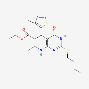 molecular formula C20H25N3O3S2 B2948224 ethyl 2-(butylsulfanyl)-7-methyl-5-(3-methylthiophen-2-yl)-4-oxo-3H,4H,5H,8H-pyrido[2,3-d]pyrimidine-6-carboxylate CAS No. 946274-93-7