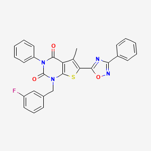 molecular formula C28H19FN4O3S B2948280 1-[(3-Fluorophenyl)methyl]-5-methyl-3-phenyl-6-(3-phenyl-1,2,4-oxadiazol-5-yl)thieno[2,3-d]pyrimidine-2,4-dione CAS No. 1352941-00-4