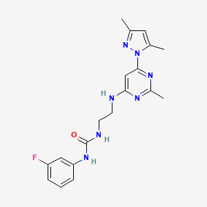 molecular formula C19H22FN7O B2948327 1-(2-((6-(3,5-dimethyl-1H-pyrazol-1-yl)-2-methylpyrimidin-4-yl)amino)ethyl)-3-(3-fluorophenyl)urea CAS No. 1172796-10-9