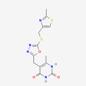 molecular formula C13H13N5O3S2 B2948329 6-methyl-5-((5-(((2-methylthiazol-4-yl)methyl)thio)-1,3,4-oxadiazol-2-yl)methyl)pyrimidine-2,4(1H,3H)-dione CAS No. 1170784-79-8