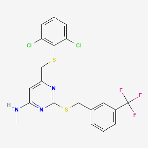 molecular formula C20H16Cl2F3N3S2 B2948348 6-{[(2,6-dichlorophenyl)sulfanyl]methyl}-N-methyl-2-{[3-(trifluoromethyl)benzyl]sulfanyl}-4-pyrimidinamine CAS No. 341965-28-4