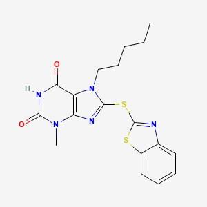 molecular formula C18H19N5O2S2 B2948356 8-(1,3-Benzothiazol-2-ylthio)-3-methyl-7-pentylpurine-2,6-dione CAS No. 716330-85-7