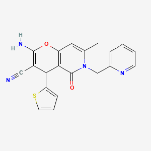 molecular formula C20H16N4O2S B2948363 2-amino-7-methyl-5-oxo-6-(pyridin-2-ylmethyl)-4-(thiophen-2-yl)-5,6-dihydro-4H-pyrano[3,2-c]pyridine-3-carbonitrile CAS No. 712295-80-2