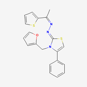 molecular formula C20H17N3OS2 B2948393 (Z)-3-(furan-2-ylmethyl)-4-phenyl-2-((Z)-(1-(thiophen-2-yl)ethylidene)hydrazono)-2,3-dihydrothiazole CAS No. 402945-85-1