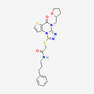 molecular formula C23H25N5O3S2 B2948438 2-((5-oxo-4-((tetrahydrofuran-2-yl)methyl)-4,5-dihydrothieno[2,3-e][1,2,4]triazolo[4,3-a]pyrimidin-1-yl)thio)-N-(3-phenylpropyl)acetamide CAS No. 1217008-27-9