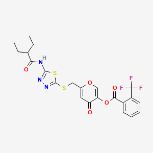 molecular formula C22H20F3N3O5S2 B2948456 6-(((5-(2-ethylbutanamido)-1,3,4-thiadiazol-2-yl)thio)methyl)-4-oxo-4H-pyran-3-yl 2-(trifluoromethyl)benzoate CAS No. 877641-91-3