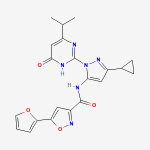 molecular formula C21H20N6O4 B2948457 N-(3-cyclopropyl-1-(4-isopropyl-6-oxo-1,6-dihydropyrimidin-2-yl)-1H-pyrazol-5-yl)-5-(furan-2-yl)isoxazole-3-carboxamide CAS No. 1207044-07-2