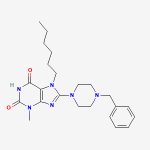 molecular formula C23H32N6O2 B2948497 8-(4-benzylpiperazin-1-yl)-7-hexyl-3-methyl-1H-purine-2,6(3H,7H)-dione CAS No. 941998-68-1