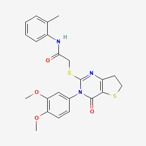 molecular formula C23H23N3O4S2 B2948515 2-((3-(3,4-dimethoxyphenyl)-4-oxo-3,4,6,7-tetrahydrothieno[3,2-d]pyrimidin-2-yl)thio)-N-(o-tolyl)acetamide CAS No. 877655-64-6