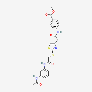 molecular formula C23H22N4O5S2 B2948536 Methyl 4-(2-(2-((2-((3-acetamidophenyl)amino)-2-oxoethyl)thio)thiazol-4-yl)acetamido)benzoate CAS No. 954095-08-0