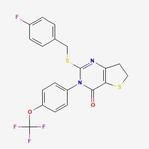 molecular formula C20H14F4N2O2S2 B2948539 2-((4-fluorobenzyl)thio)-3-(4-(trifluoromethoxy)phenyl)-6,7-dihydrothieno[3,2-d]pyrimidin-4(3H)-one CAS No. 877654-56-3