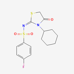 molecular formula C15H17FN2O3S2 B2948540 (E)-N-(3-cyclohexyl-4-oxothiazolidin-2-ylidene)-4-fluorobenzenesulfonamide CAS No. 853747-00-9
