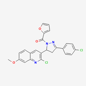 molecular formula C24H17Cl2N3O3 B2948557 (5-(2-chloro-7-methoxyquinolin-3-yl)-3-(4-chlorophenyl)-4,5-dihydro-1H-pyrazol-1-yl)(furan-2-yl)methanone CAS No. 442649-66-3
