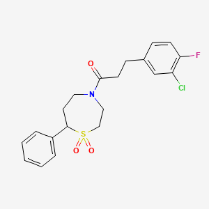 molecular formula C20H21ClFNO3S B2948568 3-(3-Chloro-4-fluorophenyl)-1-(1,1-dioxido-7-phenyl-1,4-thiazepan-4-yl)propan-1-one CAS No. 2034382-52-8
