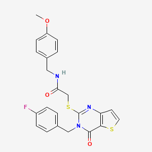 molecular formula C23H20FN3O3S2 B2948751 2-({3-[(4-fluorophenyl)methyl]-4-oxo-3H,4H-thieno[3,2-d]pyrimidin-2-yl}sulfanyl)-N-[(4-methoxyphenyl)methyl]acetamide CAS No. 1252858-43-7