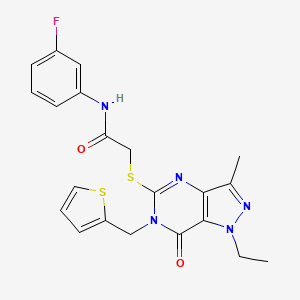 molecular formula C21H20FN5O2S2 B2948773 2-((1-ethyl-3-methyl-7-oxo-6-(thiophen-2-ylmethyl)-6,7-dihydro-1H-pyrazolo[4,3-d]pyrimidin-5-yl)thio)-N-(3-fluorophenyl)acetamide CAS No. 1358832-33-3