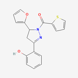 molecular formula C18H14N2O3S B2948824 (5-(furan-2-yl)-3-(2-hydroxyphenyl)-4,5-dihydro-1H-pyrazol-1-yl)(thiophen-2-yl)methanone CAS No. 950123-70-3
