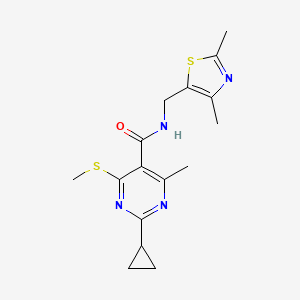 molecular formula C16H20N4OS2 B2948838 2-Cyclopropyl-N-[(2,4-dimethyl-1,3-thiazol-5-yl)methyl]-4-methyl-6-methylsulfanylpyrimidine-5-carboxamide CAS No. 1436236-21-3