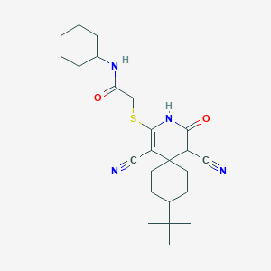 molecular formula C24H34N4O2S B2948847 2-[(9-tert-butyl-1,5-dicyano-2-oxo-3-azaspiro[5.5]undec-4-en-4-yl)thio]-N-cyclohexylacetamide CAS No. 957266-15-8