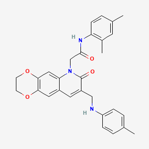 molecular formula C29H29N3O4 B2948897 N-(2,4-dimethylphenyl)-2-(7-oxo-8-((p-tolylamino)methyl)-2,3-dihydro-[1,4]dioxino[2,3-g]quinolin-6(7H)-yl)acetamide CAS No. 946235-40-1