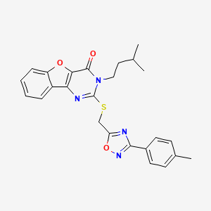 molecular formula C25H24N4O3S B2948924 5-(3-Methylbutyl)-4-({[3-(4-methylphenyl)-1,2,4-oxadiazol-5-yl]methyl}sulfanyl)-8-oxa-3,5-diazatricyclo[7.4.0.0^{2,7}]trideca-1(13),2(7),3,9,11-pentaen-6-one CAS No. 2320929-29-9