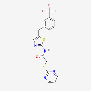 molecular formula C17H13F3N4OS2 B2949028 2-(pyrimidin-2-ylthio)-N-(5-(3-(trifluoromethyl)benzyl)thiazol-2-yl)acetamide CAS No. 842970-88-1