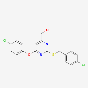 molecular formula C19H16Cl2N2O2S B2949138 [2-[(4-Chlorobenzyl)sulfanyl]-6-(4-chlorophenoxy)-4-pyrimidinyl]methyl methyl ether CAS No. 338748-07-5