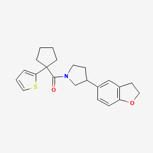 molecular formula C22H25NO2S B2949140 3-(2,3-Dihydro-1-benzofuran-5-yl)-1-[1-(thiophen-2-yl)cyclopentanecarbonyl]pyrrolidine CAS No. 2097859-36-2