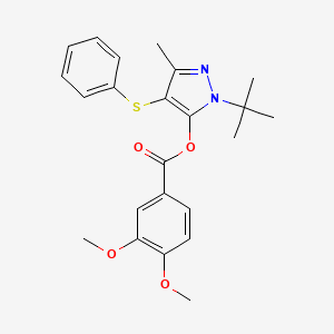 molecular formula C23H26N2O4S B2949245 1-tert-butyl-3-methyl-4-(phenylsulfanyl)-1H-pyrazol-5-yl 3,4-dimethoxybenzoate CAS No. 851127-09-8