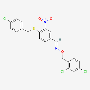 molecular formula C21H15Cl3N2O3S B2949251 4-[(4-chlorobenzyl)sulfanyl]-3-nitrobenzenecarbaldehyde O-(2,4-dichlorobenzyl)oxime CAS No. 303996-09-0