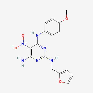 molecular formula C16H16N6O4 B2949329 N-Furan-2-ylmethyl-N'-(4-methoxy-phenyl)-5-nitro-pyrimidine-2,4,6-triamine CAS No. 840460-48-2