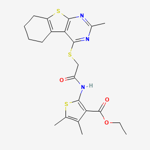 molecular formula C22H25N3O3S3 B2949337 Ethyl 4,5-dimethyl-2-[[2-[(2-methyl-5,6,7,8-tetrahydro-[1]benzothiolo[2,3-d]pyrimidin-4-yl)sulfanyl]acetyl]amino]thiophene-3-carboxylate CAS No. 670270-11-8