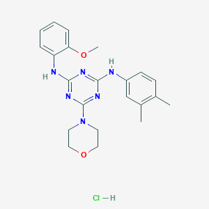 molecular formula C22H27ClN6O2 B2949350 N2-(3,4-dimethylphenyl)-N4-(2-methoxyphenyl)-6-morpholino-1,3,5-triazine-2,4-diamine hydrochloride CAS No. 1179443-00-5