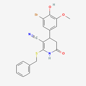molecular formula C20H17BrN2O3S B2949366 2-(Benzylthio)-4-(3-bromo-4-hydroxy-5-methoxyphenyl)-6-oxo-1,4,5,6-tetrahydropyridine-3-carbonitrile CAS No. 375359-57-2