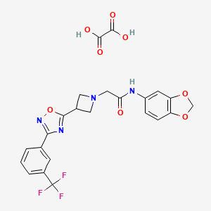 molecular formula C23H19F3N4O8 B2949372 N-(benzo[d][1,3]dioxol-5-yl)-2-(3-(3-(3-(trifluoromethyl)phenyl)-1,2,4-oxadiazol-5-yl)azetidin-1-yl)acetamide oxalate CAS No. 1351659-74-9