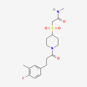molecular formula C18H25FN2O4S B2949374 2-((1-(3-(4-fluoro-3-methylphenyl)propanoyl)piperidin-4-yl)sulfonyl)-N-methylacetamide CAS No. 1797176-55-6