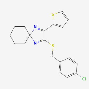 molecular formula C19H19ClN2S2 B2949505 2-[(4-Chlorobenzyl)sulfanyl]-3-(2-thienyl)-1,4-diazaspiro[4.5]deca-1,3-diene CAS No. 1276469-63-6